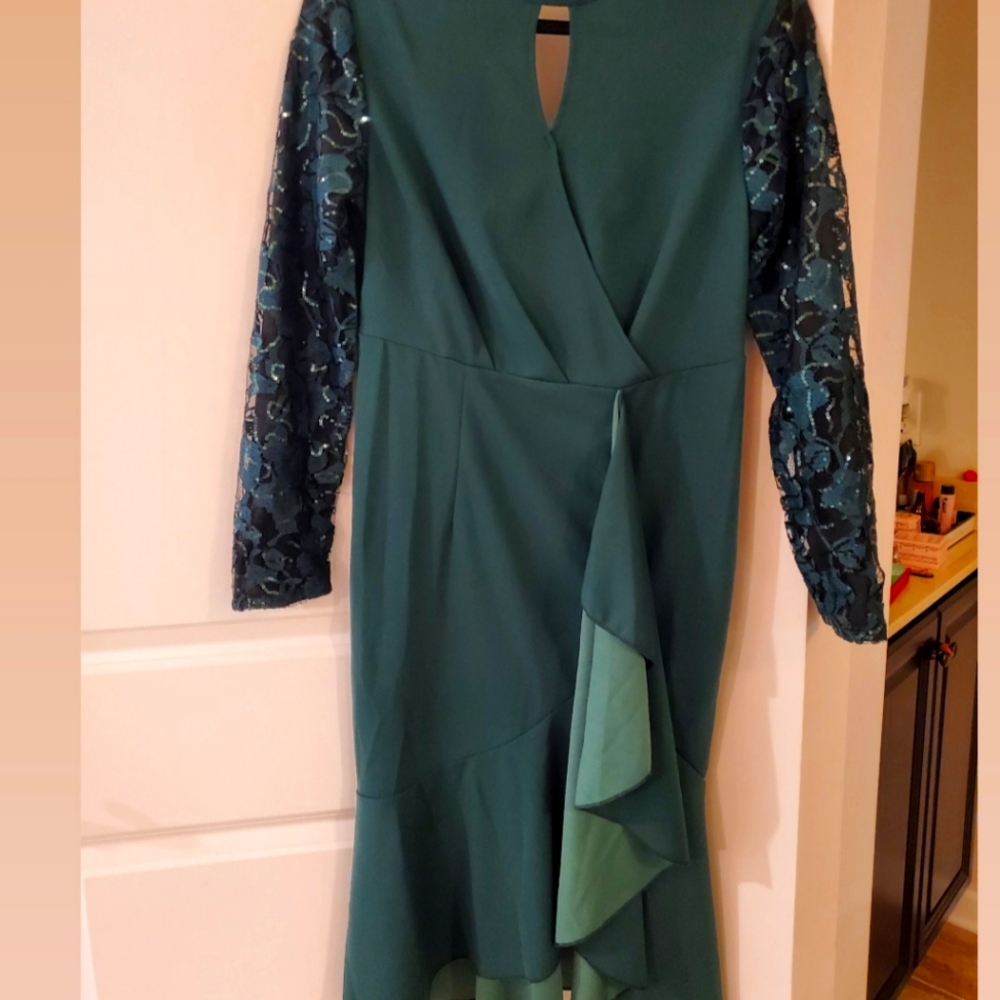 ROTITA Flounce Lace Stitching Dark Green Mermaid Dress